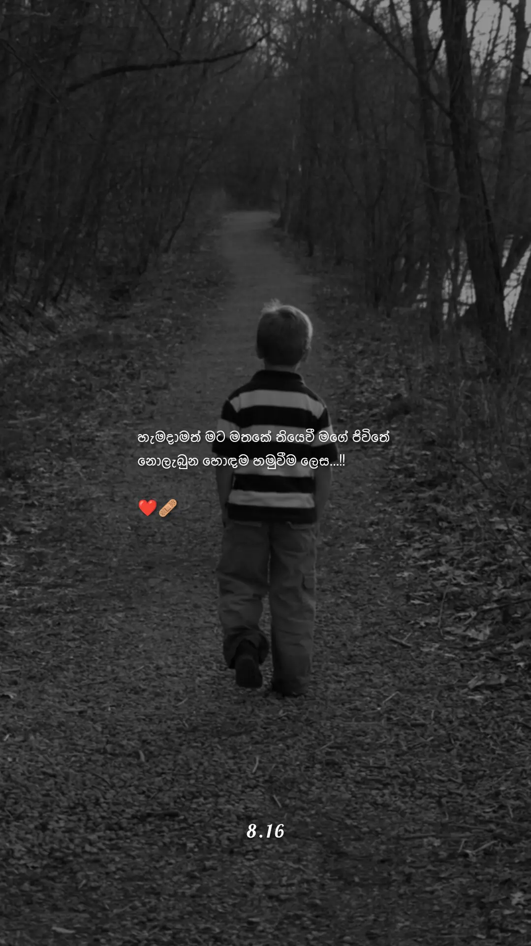 හැම දෙයක්ම හොද විදිහට ඉවර වෙයි කියලා බලන් ඉදපු මට ම මෙච්චර ඉක්මනට මේ හැමදේම එපාවෙයි කියලා මම නිකමටවත් හිතුවේ නෑ... මේ හැමදෙයක්ම එපා වුණාටත් වඩා මට මං ගැන ඇතිවුනේ දුකක් දුකකටත් වඩා ඒක කලකිරීමක් කිව්වොත් මං හරි... අන්තිමට මං මගේ කියලා කරපු ආදරේ ඇතුලේ මට මොනවා ද ඉතුරු වුනේ කියලා නිකමට හිතලා බලනකොට ඇත්තටම මට ඉතුරු වුණු කිසිම දෙයක් නෑ එත් ... මං මගේ ආදරේ ඇතුලේ අවංකම ආදරේ කරා කියන සතුට විතරක් මට ඉතිරි වෙන කොට, මගේ ආදරේ ගැන මට සතුටක් නැත්තේමත් නෑ... එත්... වීදීම ඇතුලේ විදවීමක් විතරක් මට ලියවුණු එක ගැන කල්පනා කරන්න මට කිසිම දෙයක් ඉතුරු නෑ... මොකද මං විදවීම ඇතුලෙන් ආදරේ විදින්න පුරුදු වුණා හැම නරකකම මං හොදක් දකින්න පුරුදු වුණා මෙච්චර කාලයක් මේ කතාව මං ඇදගෙන එන්නත් හේතුව අන්න එක... මං හිතන්නේ, නැත්තම් මේ කතාව මීට කාලෙකට කලින් මං මගේ අතින් ලියවෙන එක  නවත්තලා... මං හිතන්නේ නෑ ඔයා මෙච්චර දුරට හිතන්න ඇති කියලා මෙච්චර දුර ඔයා හිතුවා නම් මේ කතාව මීට වඩා වෙනස් වෙන්න තිබුණා... දැන් වුණ දේ වුණා වෙන්න තියෙන දෙයක් වෙයි ...!! 🙂🤍