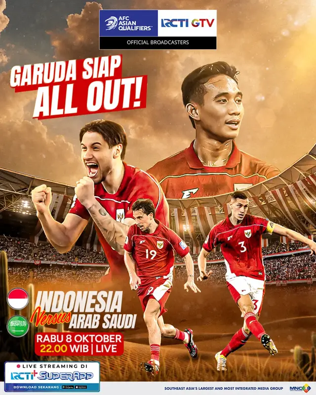 GARUDA SIAP ALL OUT! Bertemu kembali melawan Arab Saudi, Timnas Indonesia harus mengulangi catatan manis saat terakhir melawan mereka🔥  Saksikan AFC Asian Qualifiers - Road to 26 Playoffs, Indonesia vs Arab Saudi Rabu 8 Oktober pukul 22.00 WIB LIVE hanya di RCTI  #TimnasIndonesia #GarudaMendunia #AFCAsianQualifiersRoadTo26Playoffs #AFCAsianQualifiersRoadTo26PlayoffsdiRCTI #DoMoreInAYear 