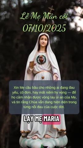 Lễ Mẹ Mân Côi - 07-10-2025 Lạy Mẹ Mân Côi, xin cho chúng con biết noi gương Mẹ trong đời sống đức tin, biết nói lời “Xin vâng” giữa nghịch cảnh, và sống quảng đại, yêu thương, khiêm nhường như Mẹ.#caunguyen #binhan #hyvong #Maria #conggiao 