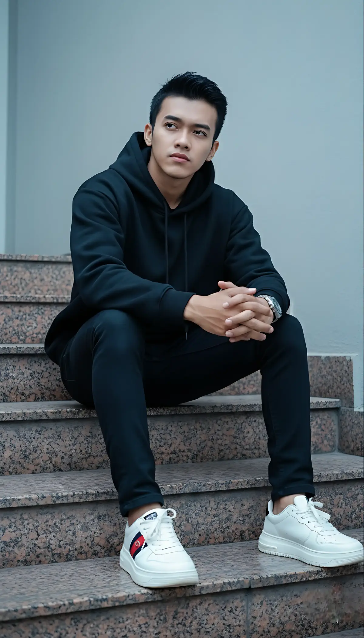 Prompt :  Dibuat dengan foto sayan ( wajah dan gaya rambut persis sama ).  Potret seorang pria  duduk santai di tangga batu granit berwarna cokelat keabu-abuan di area outdoor, mengenakan hoodie hitam oversize dengan celana jeans hitam yang ketat. Ia mengenakan sneakers putih tebal bergaya modern dengan detail patch warna merah, hitam, dan biru di sisi sepatu. Pria tersebut duduk dengan lutut ditekuk, tangan saling menggenggam di depan lutut, pandangan mata diarahkan sedikit ke samping dengan ekspresi tenang dan introspektif. Latar belakang berupa dinding bertekstur halus berwarna abu muda, memberikan kontras bersih terhadap pakaian gelap yang dikenakan. Cahaya alami lembut dari arah kiri atas menciptakan bayangan halus di wajah dan pakaian, menonjolkan kontur wajah serta tekstur kain hoodie. Suasana foto terasa modern, minimalis, dan sinematik dengan tone warna dingin kebiruan serta saturasi lembut yang menambah kesan elegan. Detail kulit dan tekstur pakaian sangat tajam, sepatu tampak bersih dan mengilap, dengan pencahayaan realistis dan refleksi lembut di permukaan tangga. Komposisi foto dibuat dengan framing vertikal, fokus utama pada subjek manusia di tengah bingkai, dengan kedalaman bidang sedang yang membuat latar belakang sedikit buram namun tetap jelas secara tekstur. Gaya foto seperti editorial fashion street style, realistis, tajam, dan artistik, dengan resolusi ultra high definition 8K (7680x4320), rasio 9:16, pencahayaan natural lembut, detail kaya, dan tone sinematik modern.