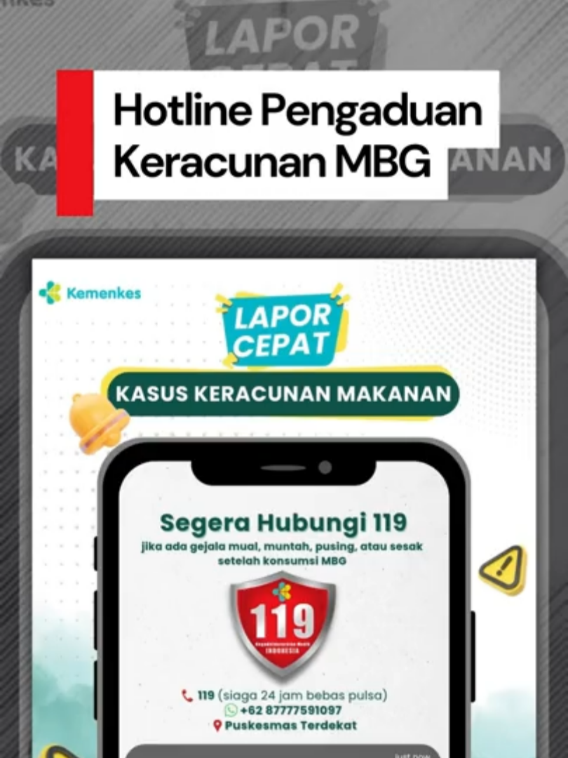 Kementerian Kesehatan langsung gerak cepat dengan membuka hotline pengaduan keracunan Makan Bergizi Gratis. Nah warga yang keracunan bisa hubungi call center 119 atau datang langsung ke Puskesmas terdekat. Kata Kemenkes, jangan ragu untuk segera menghubungi. Apalagi sampai menunggu keadaan lebih parah. Creator: Tri Aljumanto #mbg #keracunanmakanan #keracunanmbg #detikcom #hotlinembg