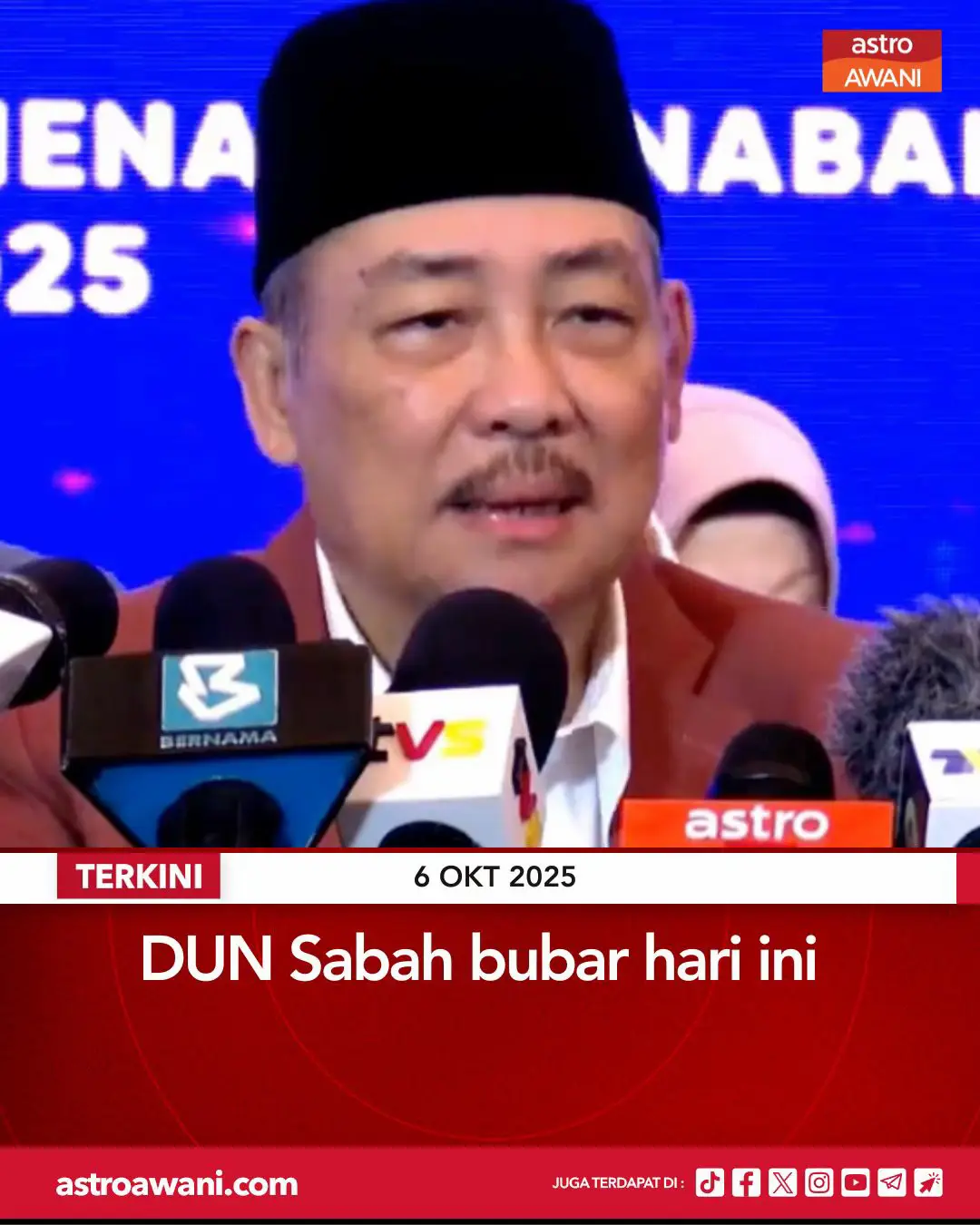 Dewan Undangan Negeri (DUN) Sabah dibubarkan berkuat kuasa hari ini sekali gus memberi laluan kepada Pilihan Raya Negeri Sabah Ke-17. Pembubaran itu diumumkan oleh Ketua Menteri Sabah, Datuk Seri Hajiji Noor pada sidang media khas petang Isnin.  Beliau yang juga Pengerusi Gabungan Rakyat Sabah (GRS) berkata permohonan pembubaran itu sudah diperakukan Yang Dipertua Negeri Sabah, Tun Musa Aman pagi ini. Ikuti berita terkini di https://grid.astroawani.com #AWANInews