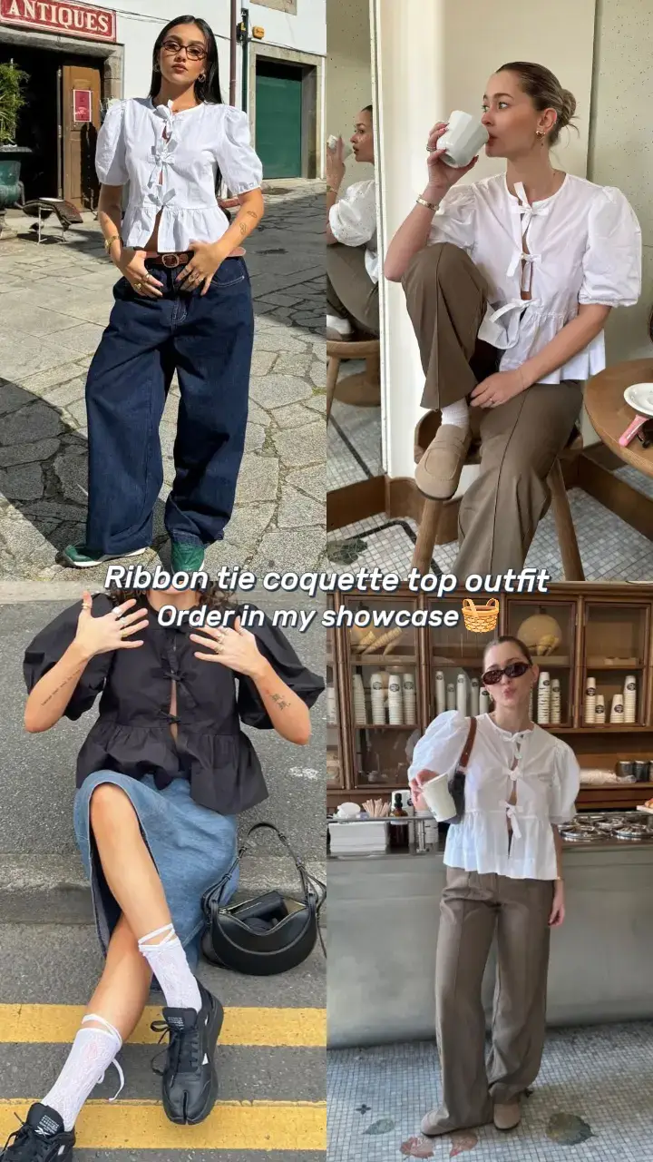 Ribbon tie coquette top fashion outfit. #foryoupage #creatorsearchinsights2025 #OOTD #ribbontietop 