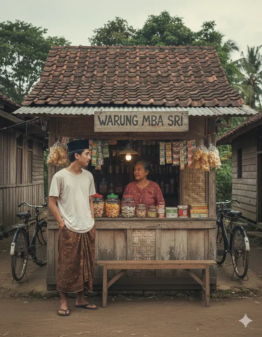 PROMPT:👇 Seorang pria muda mengenakan kaos putih kusam dengan kain sarung dan peci berdiri santai dengan tangan di saku. Ia berada di depan sebuah warung kelontongan ,sedang berbicara dengan wanita penjaga toko, wanita mengenakan pakaian kuno Jawa warna merah,dengan suasana tempo dulu di pedesaan,Warung terbuat dari papan kayu dan dinding anyaman bambu, beratap genteng tanah liat, dengan papan nama sederhana yang tulisannya 