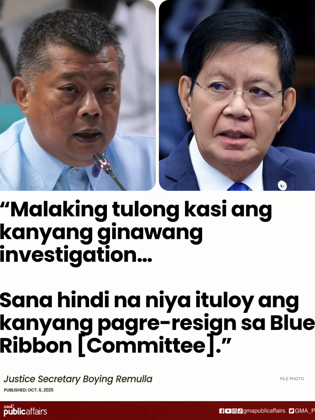 SEC. REMULLA, UMAASANG ‘DI ITUTULOY NI SEN. LACSON ANG PAGBIBITIW BILANG CHAIRMAN NG SENATE BLUE RIBBON COMMITTEE Sinabi ni Justice Secretary Boying Remulla na malaking kawalan para sa Senado at sa isinasagawang imbestigasyon sa flood control projects ang posibleng pagbibitiw ni Sen. Ping Lacson bilang chairman ng Blue Ribbon Committee.  Aniya, “It will be missed for sure.”