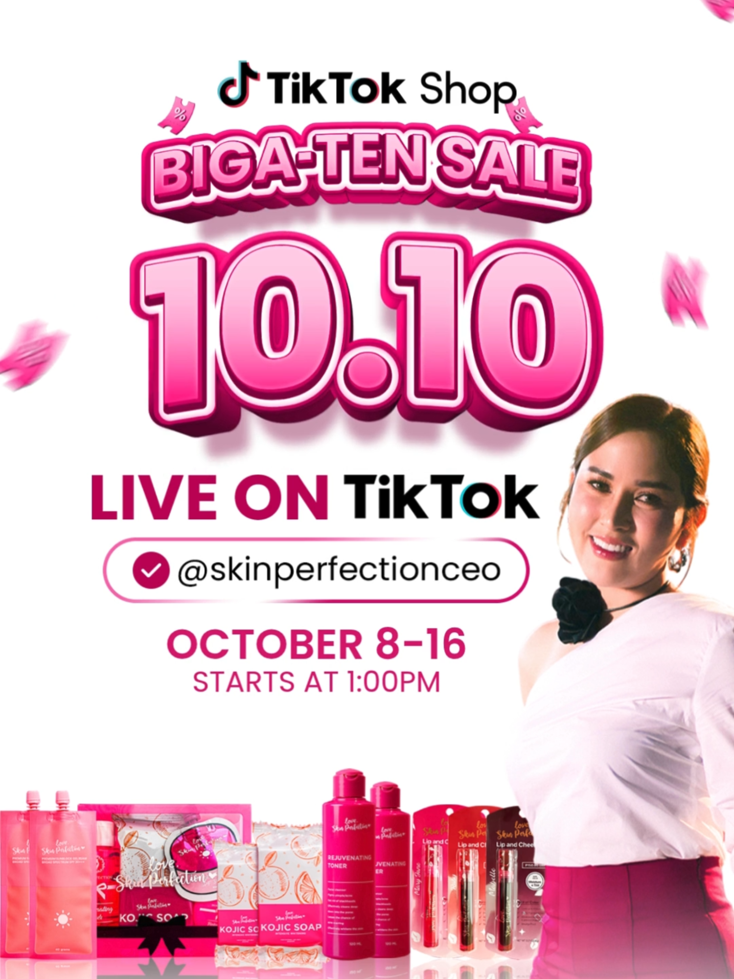 🎉 IT’S HAPPENING! 🎉 💖 BIGA-TEN SALE 10.10 is here! 💖 Catch us LIVE on TikTok from October 8–16, starting 1:00 PM daily! 🛍️ ✨ Huge discounts, freebies, and skin-perfecting deals await! ✨ 📍 Follow & join us  👉 @skinperfectionceo 📦 Don’t miss your chance to glow up for less! #SkinPerfectionBeautyEssentials  #PINAKAMATATAG