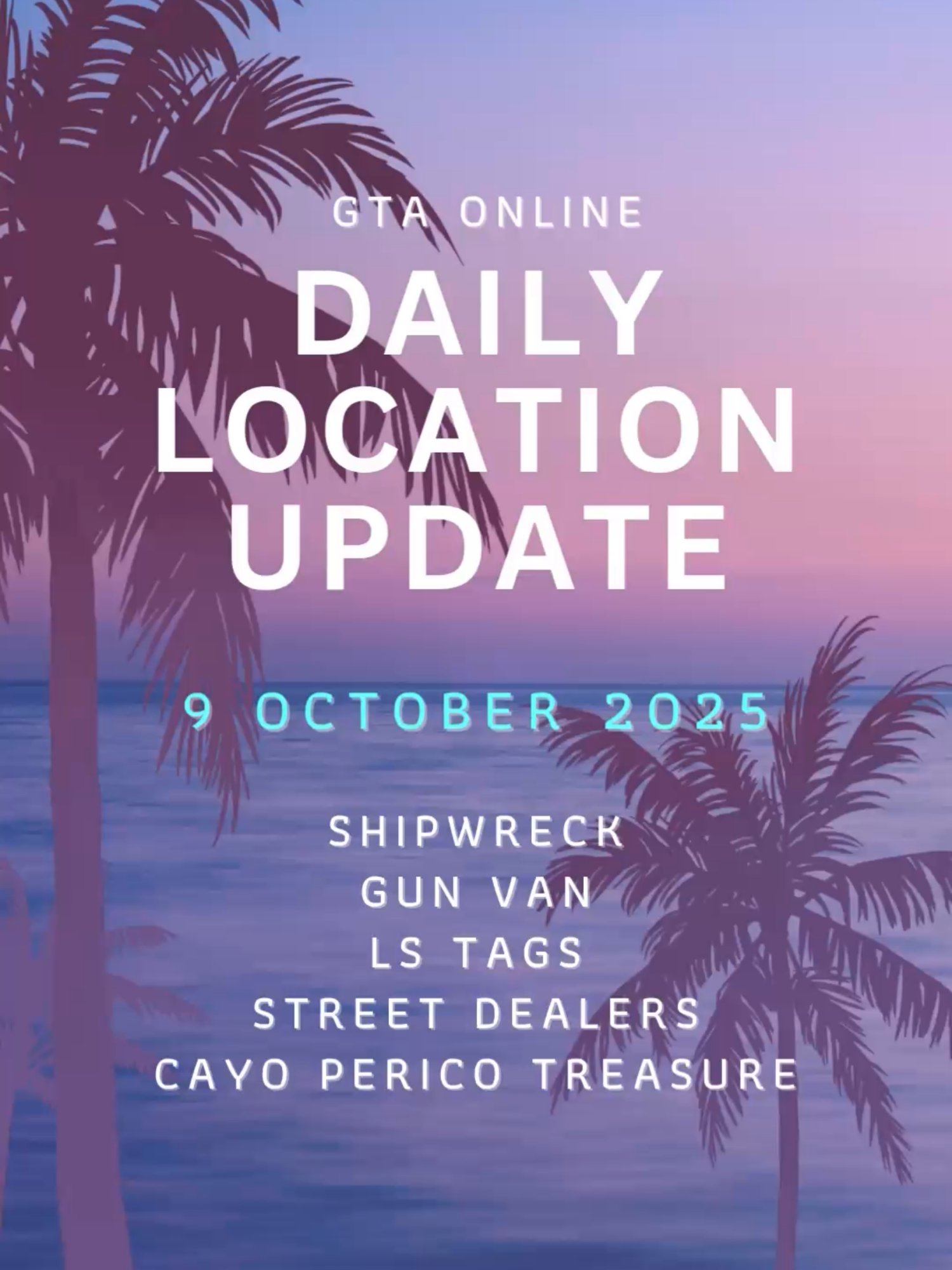 GTA Online: Daily Location Update 9 October 2025 Daily Location Updates for Shipwreck, Gun Van, Street Dealers, LS Tags and Cayo Perico Treasure Chests. Shipwreck Find today's shipwreck location to receive GTA$ 25,000 + 2,000 RP. Changes daily and there are 30 possible locations. Complete 7 daily shipwrecks to receive The Frontier outfit. Gun Van The Gun Van is a great place to get discounted weapons in GTA Online. The stock changes weekly. This is the GTA Online Gun Van stock for this week: Weapons Throwables Body Armor: · Super Light Armor · Light Armor · Standard Armor · Heavy Armor · Super Heavy Armor Street Dealers Street Dealers spawn at three of 50 possible locations in GTA Online each day. To sell illicit products to street dealers in GTA Online you will first need to purchase a weed farm, meth lab, cocaine lockup or acid lab business. LS Tag Locations To begin the LS Tags, you need to get yourself a spray can. A video pinned to my profile will help you find one of the 30 locations. Once you have the spray can you won't have to worry about finding another one as it remains in your inventory. There are five new LS Tag locations each day. You will receive GTA$15,000 + 500 RP for each individual LS Tag. If you complete all five available for the day you will get a GTA$25,000 bonus. The Street Artist outfit unlocks when you complete all five LS Tags for the first time. Cayo Perico Treasure Chests Find today's Cayo Perico treasure chest locations to receive GTA$ 25,000 + 1,000 RP for each one. Changes daily. There is one land and one underwater treasure chest to find each day. #gta #gtaonline #today #shipwreck #gunvan #lstags #streetdealers #gaming