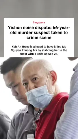A 66-year-old man suspected of murdering a woman at a Yishun housing blockdue to a noise dispute was taken to the scene of the crime by the police on Monday (Oct 6). Dressed in a red polo shirt, black shorts and clear slippers, Koh Ah Hwee arrived at Block 323 Yishun Central at about 10am in an unmarked black van. #sgnews #sgtiktok 