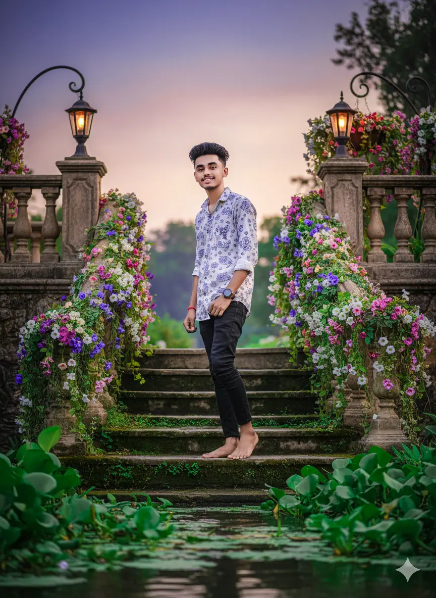 Part | 29 👇 Hyper-realistic low-angle close-up vertical, young man (21-22) barefoot on vintage stone steps by river at twilight. smiling and gazing at camera. Wearing white blue printed shirt. black jeans. rugged watch. Colorful flowering vines. balcony, antique lamp. floating water plants frame scene. Sharp focus. shallow depth. creamy bokeh. cinematic color grading. natural sofi light. 8K detail. #ভাইরাল_করে_দাও #ভাইরাল_ইডিট #trending #everyone #foryou 