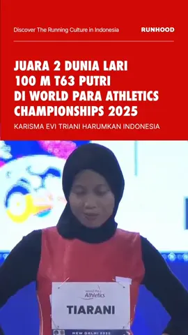 Sprinter Indonesia, @karisma_et berhasil harumkan Tanah Air dalam ajang World Para Athletics Championships 2025 di New Delhi, India.    Pada hari ke-5 lomba, Karisma tampil di lintasan 100 m T63 dan berhasil raih perak dengan catatan waktu 14,65 detik. Bersaing ketat dengan pelari Britania Raya, Ndidikama Okoh untuk perebutan runner-up.  Sementara emas diraih oleh pelari Italia, Ambra Sabatini dengan waktu 14,39 detik. Hasil ini lanjutkan tren positif Karisma setelah Paralimpiade Paris 2024 lalu, ia juga raih perak di 100 m T42/T63 putri.  Terus bikin bangga Indonesia, Karisma!  #Runhood #Runningconnect #Running #Lari #RunningTrends