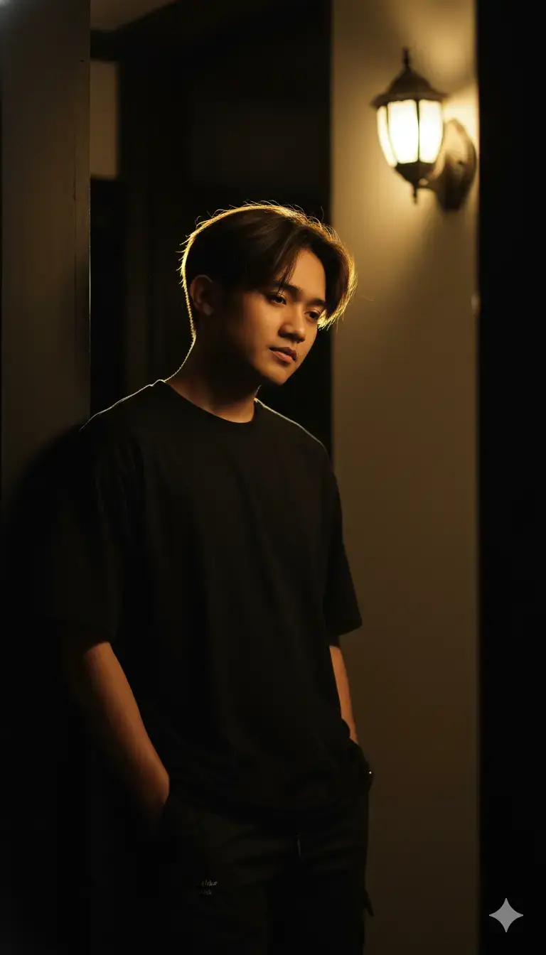 Prompt: An artistic portrait of a young Indonesian man captured indoors with dramatic, dim lighting, creating an intimate and contemplative atmosphere. The subject, a young man likely in his late teens or early twenties with East Asian facial features and light skin particularly prominent in the illuminated areas, stands casually,leaning slightly or having just stepped through a doorway. His head is tilted slightly to the right, and his gaze is directed downwards and towards the left, avoiding direct eye contact with the camera. His expression is tranquil, introspective,and slightly melancholic, with lips closed in a neutral line. His unforced pose gives a candid impression, as if he is lost in thought. One hand is in his dark pants pocket, adding to the casual feel. His dark hair, a modern, slightly messy yet styled cut with bangs sweeping across his forehead, is dramatically backlit by a golden halo effect that outlines every strand, separating him from the dark background. He wears an oversized plain white t-shirt with sleeves reaching his elbows, the soft fabric draping naturally, and dark pants, mostly in shadow, with faint light-colored text or graphics on his left thigh. The lighting is key, utilizing chiaroscuro with strong contrasts between light and dark. A warm light source from the upper right, possibly from a wall sconce visible in the background, illuminates the right side of his face, neck, right shoulder, and the right side of his t-shirt. A second backlight source from behind and slightly to the left creates the beautiful halo effect on his hair. Shadows are used effectively, with the left side of his face and body mostly in shadow, adding depth and mystery. The right side of the photo is almost entirely dark, acting as a natural frame. The color palette is warm and limited, dominated by the white of the t-shirt, skin tones, deep black shadows, and golden-yellow light. He stands in a doorway or hallway. The background behind him is very dark and out of focus, drawing all attention to him.To the right, a cream-colored wall with a classic-style wall lamp is dimly lit. The subject is placed slightly off-center, occupying the left-center third of the frame. #aesthetic#slide#foto#gemini#ai#chatgpt#fyp#trend 