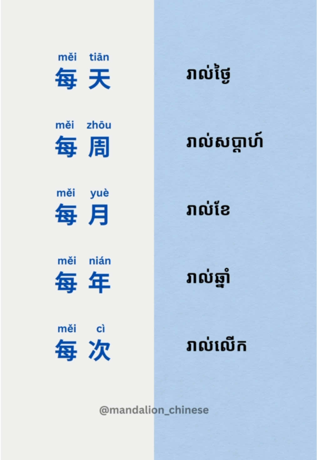 ពាក្យប្រចាំថ្ងៃ 每-រាល់ 🤩 រៀនភាសាចិនដោយខ្លួនឯង 👉 ទាញយកកម្មវិធី Mandalion Chinese តាមរយៈ Playstore & AppStore  #foryou  #រៀនចិន  #រៀនភាសាចិន  #រៀនចិនតាមtiktok  #រៀនចិនអនឡាញ 