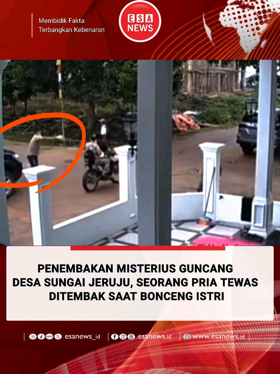 OGAN KOMERING ILIR (ESANEWS.ID) – Warga Desa Sungai Jeruju, Kecamatan Cengal, Kabupaten Ogan Komering Ilir (OKI), Sumatera Selatan, digemparkan oleh peristiwa penembakan yang terjadi pada Senin (6/10/2025) pagi. Seorang pria dilaporkan tewas setelah ditembak oleh orang tak dikenal (OTK) saat berboncengan dengan istrinya menggunakan sepeda motor sekitar pukul 06.40 WIB. Aksi mengerikan itu terekam kamera CCTV milik warga di sekitar lokasi kejadian. Dalam rekaman berdurasi sekitar 30 detik yang beredar di media sosial, terlihat jelas detik-detik pelaku menembak korban dari jarak dekat. Korban yang saat itu sedang melintas tiba-tiba dihampiri pelaku, lalu terdengar suara letusan senjata api yang membuat warga sekitar panik. Setelah menembak, pelaku langsung kabur meninggalkan lokasi, sementara korban terkapar di jalan dengan luka tembak serius. Sang istri yang berada di boncengan terlihat histeris meminta pertolongan warga. Pihak kepolisian Polres OKI telah turun ke lokasi untuk melakukan olah tempat kejadian perkara (TKP) dan memeriksa rekaman CCTV serta sejumlah saksi. Hingga kini, identitas pelaku dan motif penembakan masih dalam penyelidikan. Kapolres OKI mengimbau masyarakat agar tetap tenang dan tidak menyebarkan video kejadian secara luas di media sosial demi menghormati keluarga korban serta mendukung proses penyelidikan. Peristiwa ini menjadi sorotan publik di Sumatera Selatan dan memicu kekhawatiran warga atas meningkatnya aksi kekerasan di wilayah tersebut. (Redaksi Esa News – “Membidik Fakta, Terbangkan Kebenaran”)