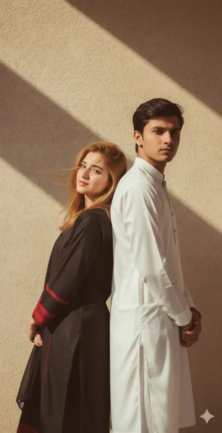 Retro 90s Pinterest-style cinematic, grainybright. Girl, leaning back to guy, hair movingin wind. Guy in white kurta Chinese collar,back-to-back pose, looking sideways. Facesidentical to reference. Medium shot, 50mm lens,dramatic shadows on wall, nostalgic cinematicfeel  