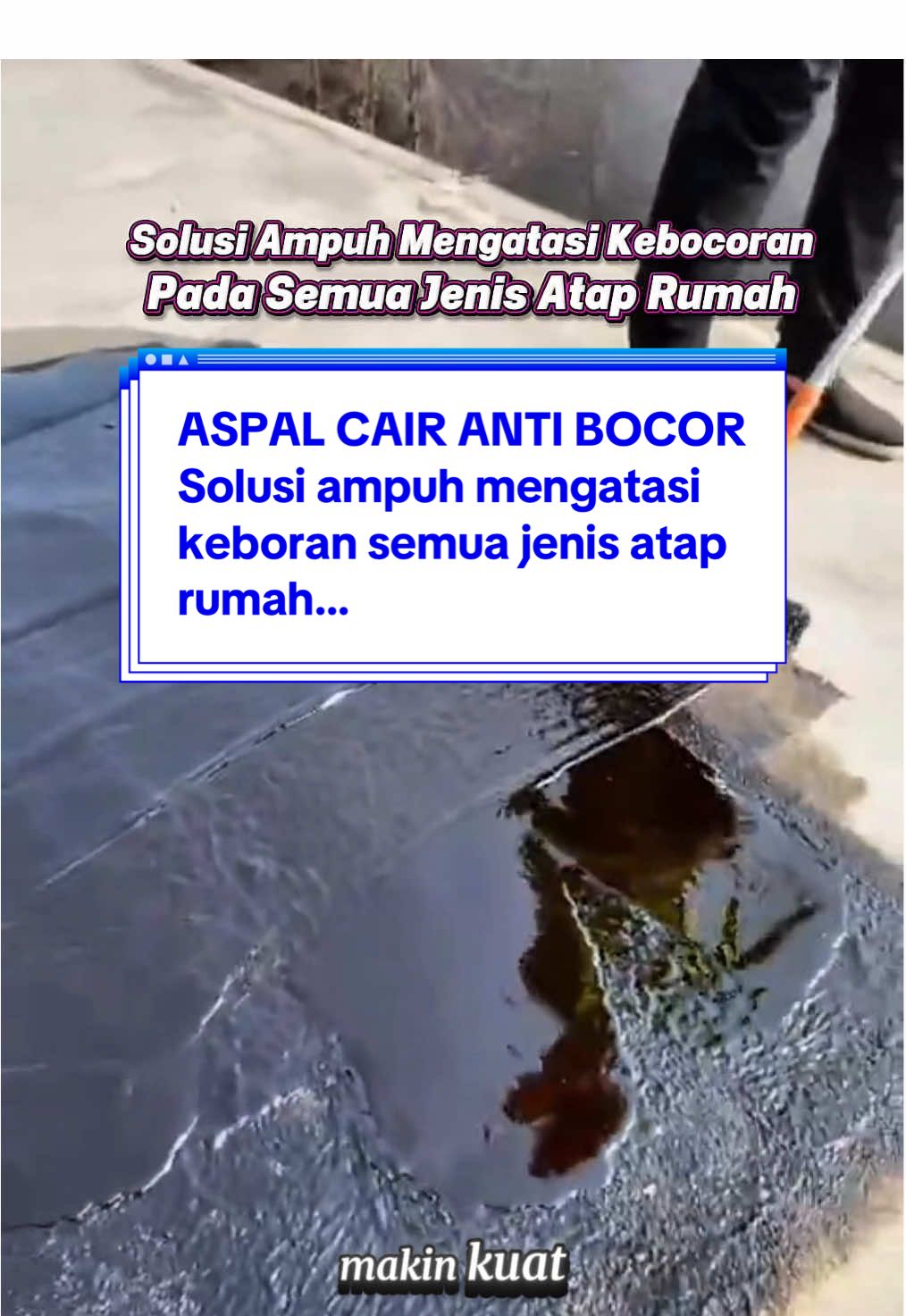 Aspal Cair Anti Bocor Solusi ampuh mengatasi kebocoran pada semua jenis atap rumah… Aspal cair super bitumen yang 3X lebih kental, sangat cocok untuk area miring atau vertikal… #aspalcair #antibocor #catantibocor #waterproof #aspalcairsuperbitumen 