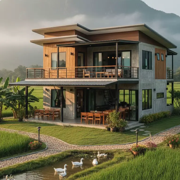 บ้านสองชั้นสไตล์โมเดิร์นลอฟต์ ตั้งอยู่กลางทุ่งนาเขียวขจี มีภูเขาและหมอกบาง ๆ อยู่ด้านหลัง  ตัวบ้านคอนกรีตเปลือยผสมไม้ หลังคาแบนเล่นระดับ ชั้นบนเป็นระเบียงเปิดโล่งพร้อมราวไม้และชุดโซฟาไม้ สำหรับนั่งดื่มกาแฟชมวิว  ชั้นล่างเป็นพื้นที่นั่งเล่นและรับประทานอาหารเปิดโล่ง มีโต๊ะเก้าอี้ไม้จัดเรียงสวยงาม  ด้านหน้ามีบ่อน้ำเลี้ยงเป็ด พร้อมทางเดินหินเล็ก ๆ ล้อมรอบด้วยสนามหญ้า ต้นกล้วย และดอกไม้กระถาง บรรยากาศสงบ เรียบง่าย และกลมกลืนกับธรรมชาติ  #I#InspireHomeไอเดียบ้านสวยไ#ไอเดียบ้านทุกสไตล์บ#บ้านในฝันแบบบ้านสวย