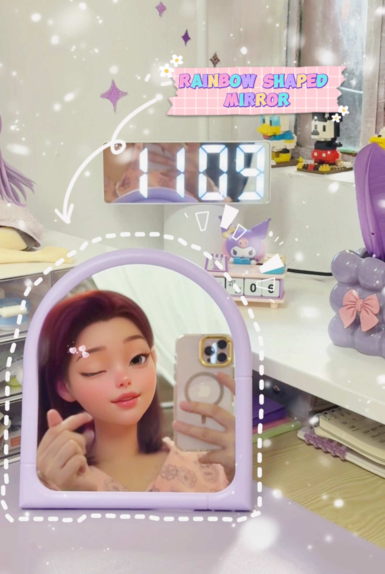 Me, staring at my desk setup like… is this mirror too cute to use? 👀💜 . . #mirror #aesthetic #desksetup #decorativemirror #purple 