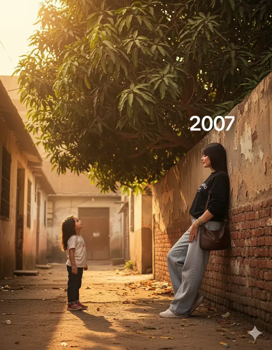 #ترند  انتي انا كيف كبرتي #gemini♊️ #ماعندي_محتوى_بس_عادي🌞 #ذكاء اصطناعي gemini تصميم كرز‏na toma cinematográfica y de cuerpo entero de un adulto conociendo a su yo infantil en un antiguo callejón residencial con un gran árbol de mango, capturado desde la vista lateral. El adulto se apoya en la pared del callejón, mirando suavemente al niño, mientras el niño se para a distancia mirándolo con admiración. Ambas figuras se muestran de cuerpo entero, con proporciones realistas y postura natural. La cálida luz del sol de la hora dorada fluye desde el costado, proyectando largas sombras y creando un estado de ánimo nostálgico sobre las paredes desgastadas del callejón y las brillantes hojas de mango. Reemplace ambas caras con las de las fotos subidas, manteniendo cada detalle de su cabello, atuendos y accesorios exactamente como en las imágenes de referencia. Relación vertical 9: 16, textura de piel realista, expresiones naturales, iluminación cinematográfica y tonos cálidos
