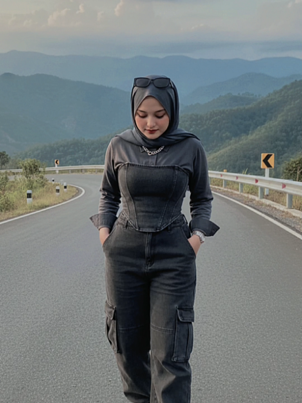 prompt:  Edit foto ini menjadi seorang wanita muda sedang berdiri sambil melihat ke bawah. Lokasinya adalah objek wisata - Sky Road di Provinsi Nan, Thailand. Latar belakang menunjukkan pemandangan jalan berkelok-kelok yang membentang ke kejauhan, dikelilingi oleh pegunungan di bawah langit yang sedikit mendung, menciptakan suasana yang tenang dan tenang. Dia terlihat imut namun seksi, dengan sentuhan kesejukan. Pakaian: Jumpsuit denim warna abu gelap dan manset warna senada, memakai hijab warna senada dengan atasan Bustier bergaya korset tanpa tali yang mengikat pinggang, menonjolkan dan melangsingkan. • Bawah: Celana kargo longgar. • Detail: Beberapa kantong besar di sepanjang paha dan lutut. Aksesoris & Alas Kaki: • Sepatu: Sepatu kets high-top putih. • Aksesoris: Kacamata hitam bergaya olahraga yang diletakkan di hijabnya, kalung rantai tebal, dan anting-anting melingkar - menggabungkan getaran seksi dan edgy. Riasan: Nada alami untuk tampilan manis dan lembut. Kulit putih halus, perona pipi oranye peachy, bibir merah muda-oranye lembut, mata bulat besar yang disempurnakan dengan eyeliner halus untuk definisi. Detail Kamera: Ditangkap dengan lensa full-frame Canon EOS R5 dan RF 85mm f / 1.2L. Aperture f / 1.4, resolusi maksimum 8K, memastikan ketajaman dan realisme tingkat profesional. Pencahayaan & Suasana Hati: Siang hari alami dengan nada sedikit hangat, menciptakan suasana romantis di bawah awan seperti hujan yang murung. Angin lembut mencerahkan kulit, membuat wajah menonjol. Pembingkaian harus menangkap subjek dari perspektif close-up, menunjukkan tubuh bagian atas berpadu secara harmonis dengan latar belakang pemandangan. Jangan merubah wajah yang sebenarnya #ai #geminiAI #fyp #trendgeminiai #CapCut 