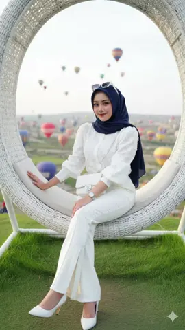 Edit foto ini menjadi seorang perempuan muda putih bersih, duduk di ayunan rotan berpose tersenyum manja. diatas bukit dibelakangnya banyak balon udara pakaian kemeja putih motif bunga timbul lengan balon, hijab biru dongker polos dililit,celana cutbray putih ada belahan depan menggunakan akssesoris jam tangan silver dan tas putih chanel. Kacamata diatas kepala Menggunakan hils warna putih, Sudut dari bawah dengan jarak dekat. Pencahayaan fokuskan pada subjek.Tanpa merubah wajah asli. #fyp #promterchallenge #GeminiAl #trendAl 