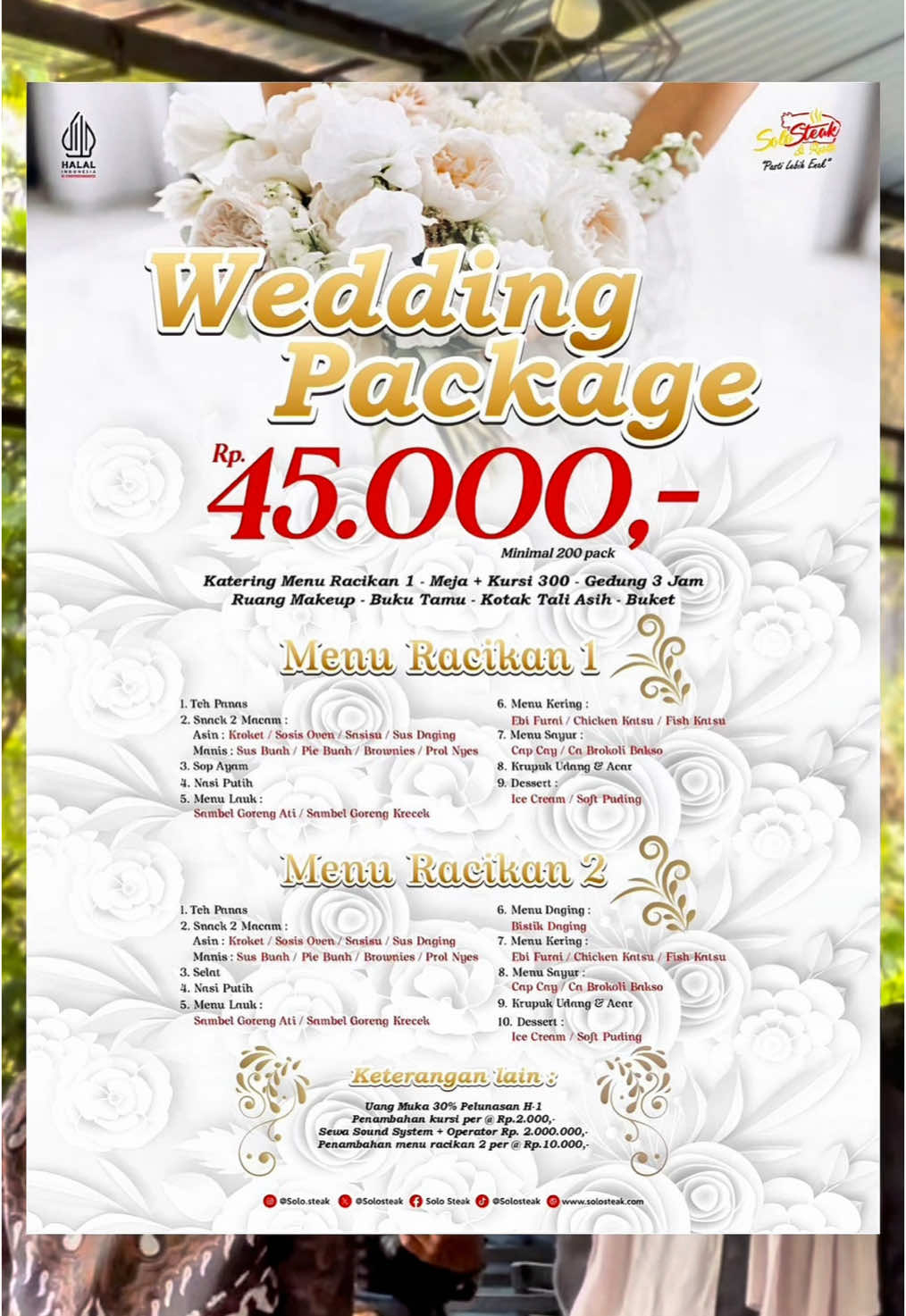 Cari tempat nikahan yang luas, nyaman, dan lengkap? ✨ Solo Steak jawabannya! ✅ Tempat luas & cozy ✅ Parkiran lega ✅ Ruang make up tersedia ✅ Hidangan spesial yang bikin tamu puas 🍽️ Biar momen sakralmu makin berkesan, percayakan di Solo Steak — Pasti Lebih Enak! 💕 #SoloSteak #WeddingPackage #TempatNikahanSolo #PastiLebihEnak #venuewedding #venueweddingsolo #venuesolo 