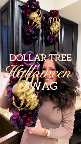 ✨ Dollar Tree Swag DIY I'm always looking for new ways to use a pool noodle for easy decorating, and this did not fail me! I LOVE how these swags came out, and the best part is that they are so easy to create! Perfect for chairs, cabinets, front door, windows, and more 💀 Items needed from DT: 🖤 wreath hanger 🖤 pool noodle 🖤 skeleton head 🖤 skeleton hands 🖤 floral *gold spray paint Directions: 🧡 Cut the pool down to the length of the wreath holder. 🧡 Cut the back of the skeleton head off and spray paint the skeleton head and hands gold. 🧡 Hot glue the head and hands to the pool noodle. 🧡 Cut floral stems from the bundle and pop them into the pool noodle. 🧡 Hang and ENJOY! #bethanyscasa #dollartree #dollartreedecor #dollartreehacks #halloweendecoration #easydiy #halloween @Dollar Tree 