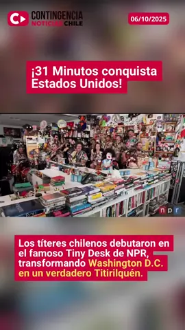📰🎶 ¡Tulio Triviño interrumpe la transmisión! En una noticia que nadie esperaba (y que Tulio asegura fue idea suya), 31 Minutos debutó en Estados Unidos con una presentación en el legendario Tiny Desk de NPR Music, en Washington D.C. 📺 El estudio fue convertido en un auténtico set de Titirilquén, donde Juan Carlos Bodoque, Patana y compañía mezclaron rock, ternura y humor absurdo, demostrando que los títeres también saben hacer historia musical. 🎤 Entre guitarras envueltas en neblina y coros delirantes, el noticiero más querido de Chile se sumó a la lista de artistas nacionales como Mon Laferte, Ana Tijoux y Rubio, que han brillado en estas icónicas sesiones. 👉 Y Tulio, fiel a su estilo, cerró declarando: “Este Tiny Desk es pequeño, pero mi ego no entra”. #31Minutos #TinyDesk #NPR #TulioTriviño #ContingenciaChile