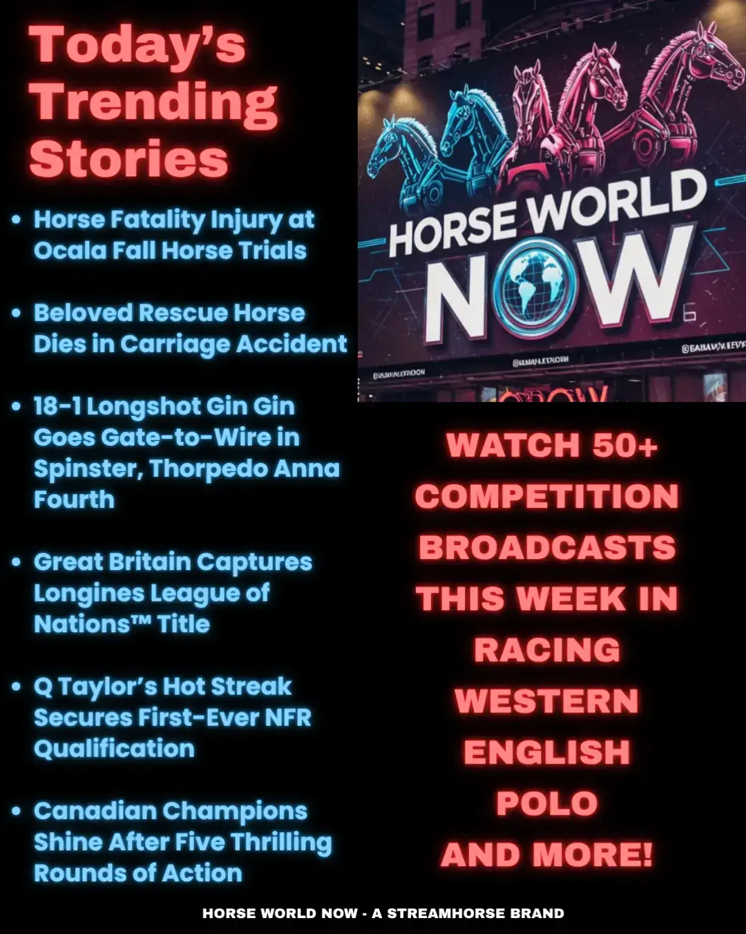 Ocala Horse Fatality, Horse Carriage Accident & 18-1 Gin Gin Wins 🐴🌎💥 Horse World Now delivers the TL;DR on the industry’s trending stories and events for horse lovers around the globe. Get free daily updates from every discipline and culture, plus enjoy the StreamHorse TV Guide to this week's top competition livestreams! Read and watch here 👇  https://streamhorse.tv/stories/f/ocala-horse-fatality-horse-carriage-accident-18-1-gin-gin-wins #horseworld #news #breakingnews #horses #stories 