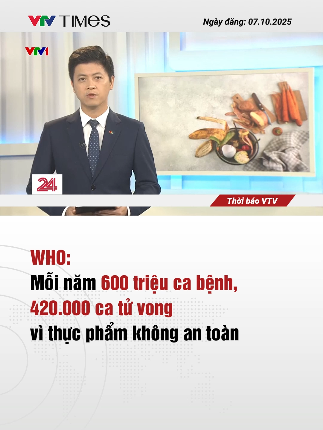 WHO cảnh báo ngộ độc thực phẩm gia tăng, đặc biệt ở bếp ăn tập thể. Trẻ em dưới 5 tuổi chiếm 30% số ca tử vong. Các chuyên gia kêu gọi tăng cường biện pháp an toàn thực phẩm trong bối cảnh biến đổi khí hậu. #tiktoknews #vtvtimes #who #thucpham