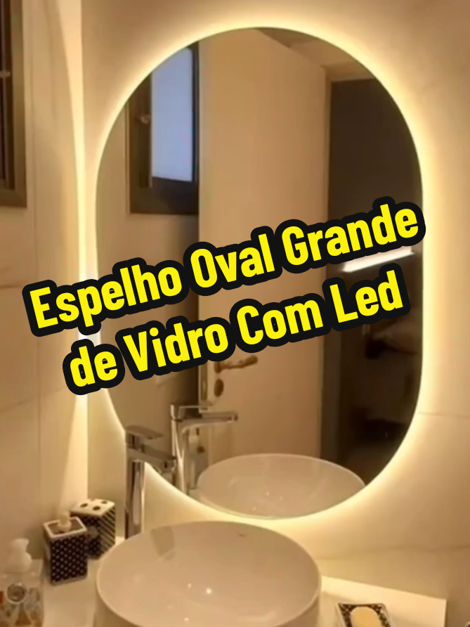 Espelho Oval Grande De Vidro 80x50 Com Led Quente Frio Para Banheiro Sala e Quarto Premium #tiktokshop #espelho #banheiro #quarto #sala 