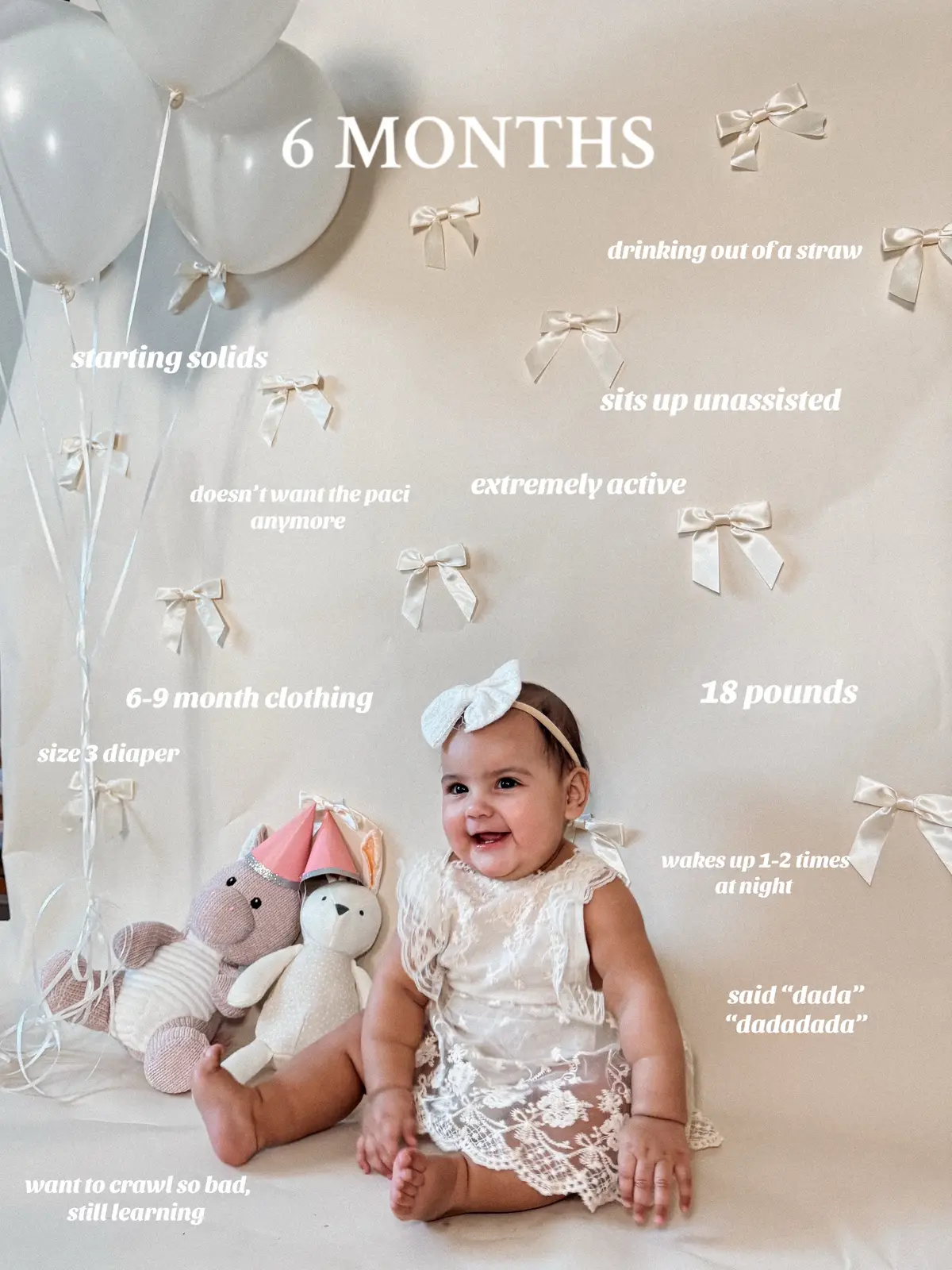 some milestones we’ve hit! How are we 6 months already?! 😭🥲 #6monthmilestones #halfbirthday #babymilestones #6monthphotos #parenthood 