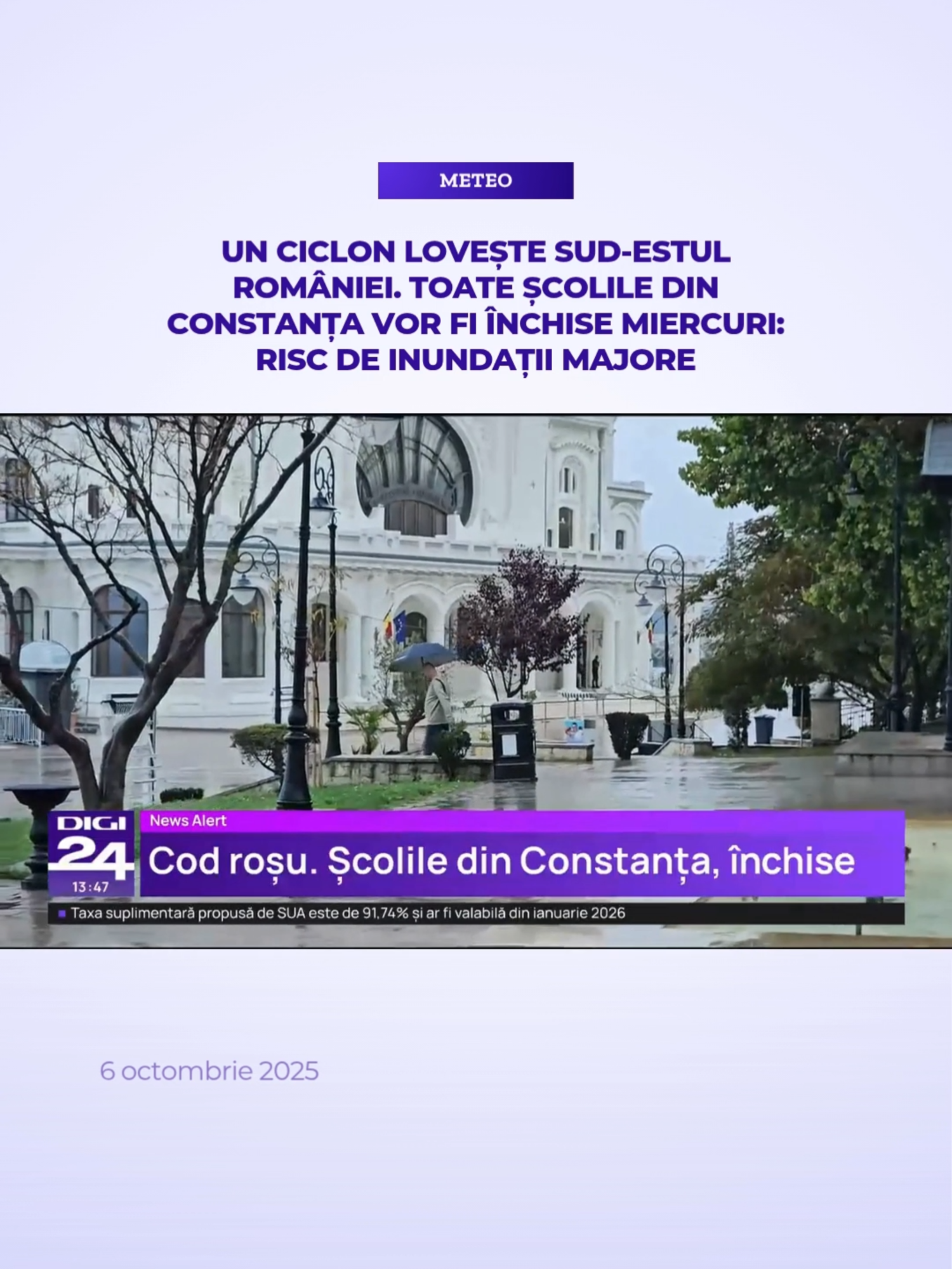 Un ciclon format în Marea Mediterană ajunge marți deasupra Mării Negre, unde va genera ploi torențiale, vânt puternic și ninsori la altitudini mari. Sud-estul României intră sub cod roșu de ploi abundente, iar în județul Constanța, autoritățile au decis suspendarea cursurilor în toate școlile miercuri, după ce meteorologii au avertizat că se pot acumula până la 120 l/mp, cu risc ridicat de inundații. #digi24 #stiriledigi24 #ciclon #constanta