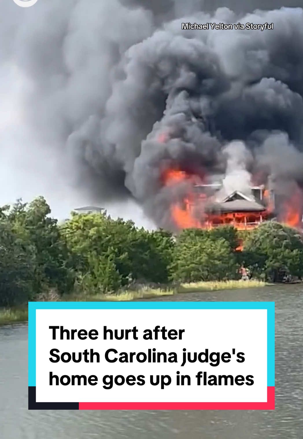 Officials are investigating after a fire tore through a South Carolina judge's home on Saturday, injuring three people. Circuit judge Diane Goodstein's home was seen completely engulfed in flames, with thick plumes of black smoke streaming skyward. #southcarolina 