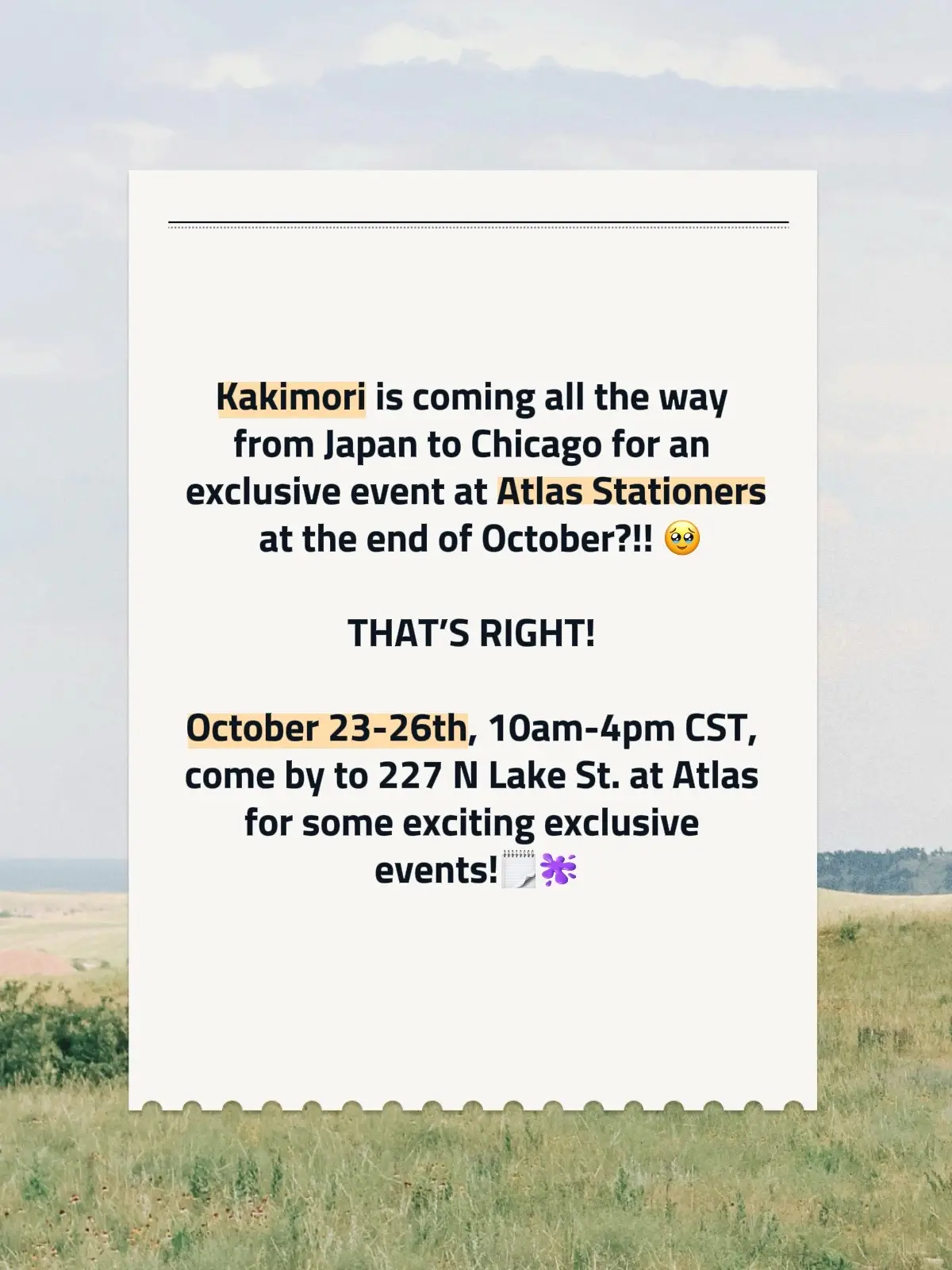 We’ve beyond thrilled to host the team of Kakimori & for the first time ever, in Atlas history, we’ll be open Sunday, the 26th 10am-2pm CST 🥳 #atlasstationers #kakimori #chicago #theloop #octobermood 