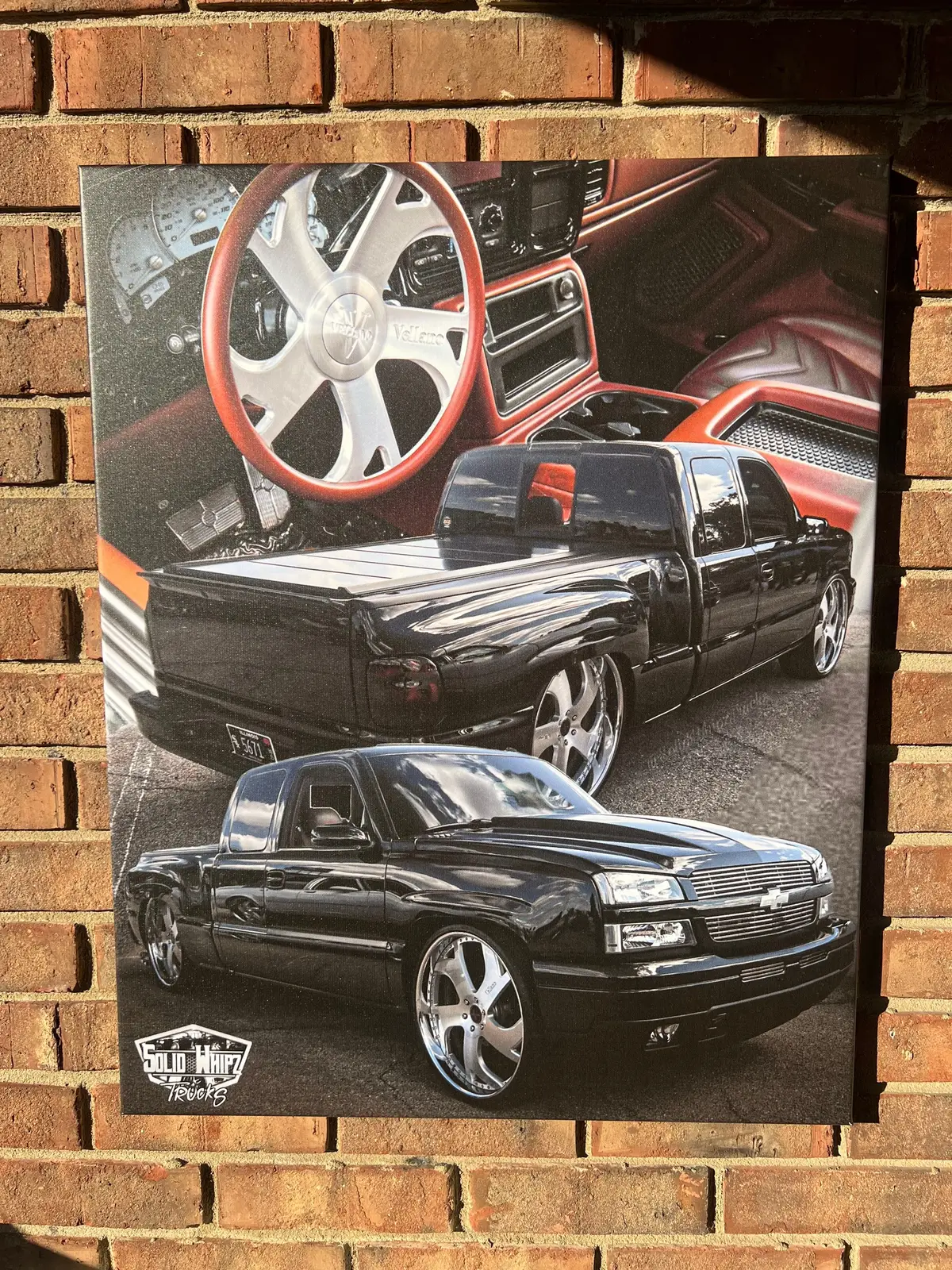 The SolidWhipz family grows again this time by way of @adan023 grabbing this 24x30-inch canvas of his Cat eye step-side on 28-inch @vellanowheels with the matching steering wheel  Welcome to the family!  ——— #SolidWhipzTrucks #RollingIntoTheSpeedwayCarshow #VellanoWheels #Chevrolet #Silverado 