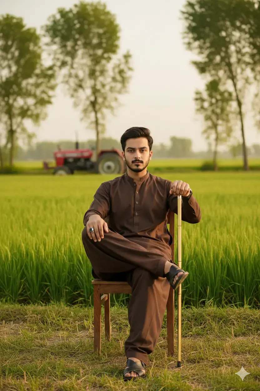 bubu 🥹 prompt :A full-body portrait of a young, handsome South Asian man sitting confidently on the rear wheel of a large, orange and black 'BELARUS' agricultural tractor. The man is wearing a dark brown Shalwar Kameez (traditional South Asian outfit) with a band collar and a matching dark brown blazer/jacket. He is holding a long, yellow/golden wooden walking cane in his right hand, resting his forearm on his right knee. His left leg is resting on the tractor's wheel while his right leg is placed down. He has a neat, modern hairstyle, a full mustache, and is wearing stylish sunglasses and a wrist watch on his left hand. Background and Setting: The tractor is parked in a lush green agricultural field or farm. The scene is bordered by tall, dense green trees in the mid-background. The lighting is bright, natural daylight (outdoor rural photography), giving the scene a fresh, professional studio portrait quality with high detail. Pose: The man is posing with a confident, relaxed posture, leaning slightly back against the tractor's front fender, and looking directly at the camera. A full-body portrait of a young, handsome South Asian man standing confidently in a lush **green agricultural field**. He is wearing a dark brown **Shalwar Kameez** (traditional South Asian outfit) with a band collar. He is holding a **wooden walking cane** in his right hand. He has a slight **mustache** and a modern, neat hairstyle, and is looking slightly away from the camera. He is wearing **black leather sandals/chappals**. **Background:** A **white or off-white tractor** is parked slightly behind him to the left, acting as a prominent element. The field is bordered by several tall **green trees** in the mid-background. **Lighting and Atmosphere:** **Soft, golden hour sunlight** (late afternoon/early morning) giving a **warm, natural glow** to the scene. **Outdoor rural photography**, **high detail**, **professional studio portrait quality**. The central figure is a young man dressed in a dark brown Shalwar Kameez (a traditional South Asian outfit). He is sitting on a wooden chair with his legs crossed. He is wearing black leather sandals (chappals) and holding a golden cane (walking stick) in his hand. He has a slight mustache and is looking directly at the camera. He is also wearing a ring on his right-hand middle finger. Background and Setting Location: The setting appears to be a rural or agricultural area. The Field: The immediate background features a lush green field, likely a crop like wheat or rice, bathed in soft sunlight. The Tractor: A prominent feature in the mid-background is a red tractor parked in the field. Trees: There are several large trees with green foliage on either side of the background. Lighting: The lighting suggests a late afternoon or early morning shoot, giving the image a warm, natural glow. Watermarks/Text The top-right corner has a photography watermark that reads 