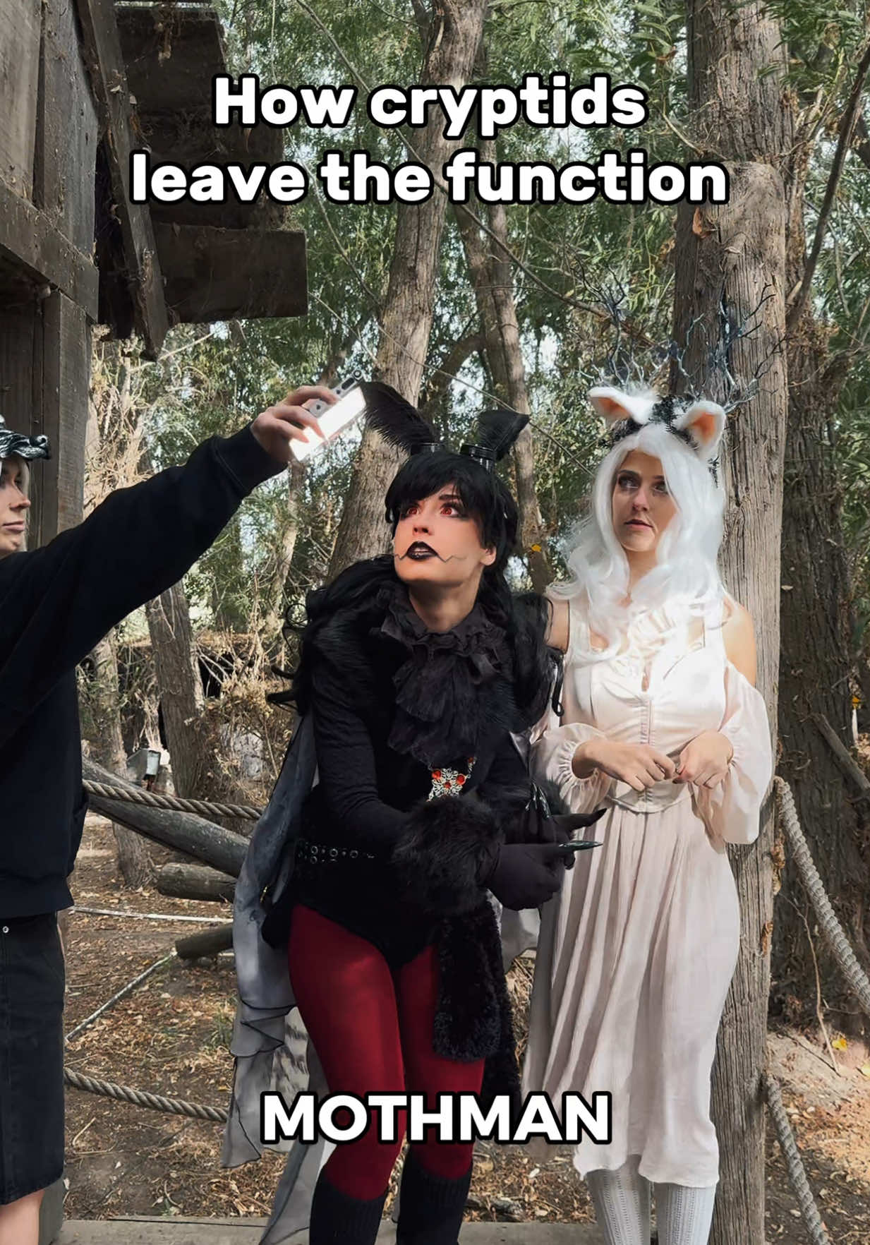 How cryptids leave the function 🏃‍♀️ Thank you @Haunted Forest for having us! (Their haunted experience is so much fun!!) Wolf Lady: @𝘈𝘵𝘩𝘦𝘯𝘢  Mothman: me Jackalope: @Shay🦊  Wendigo: @Halcybella on IG, YT, SC  Fresno Nightcrawler: @Jackie O  Alien: @Berry🐻🍓  . #cryptid #cryptids #halloween #halloweencostume #groupcostume 