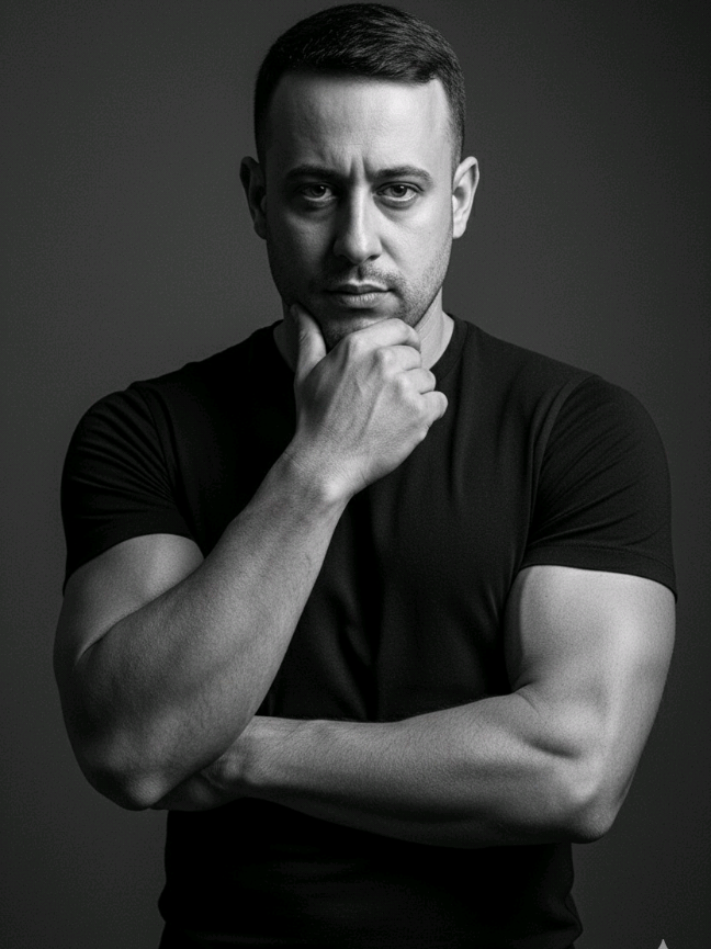 CHAT GEMINI PROMPT N: 57 1️⃣ Acesse o Chat Gemini  2️⃣ Insira sua imagem 3️⃣ Digite o prompt Crie uma Fotografia em preto e branco ultra realista de um homem atlético e bem musculoso usando camiseta preta justa. Ele cruza os braços e apoia uma mão no  queixo, olhando com expressão séria e desafiadora. A iluminação estúdio cria fortes contrastes de sombra, realçando músculos definidos, mandíbula marcada e um  estilo clássico de editorial de moda masculina.” manter definições do rosto. #inteligenciaartificial #gemini #prompts @Mads Art Pro 