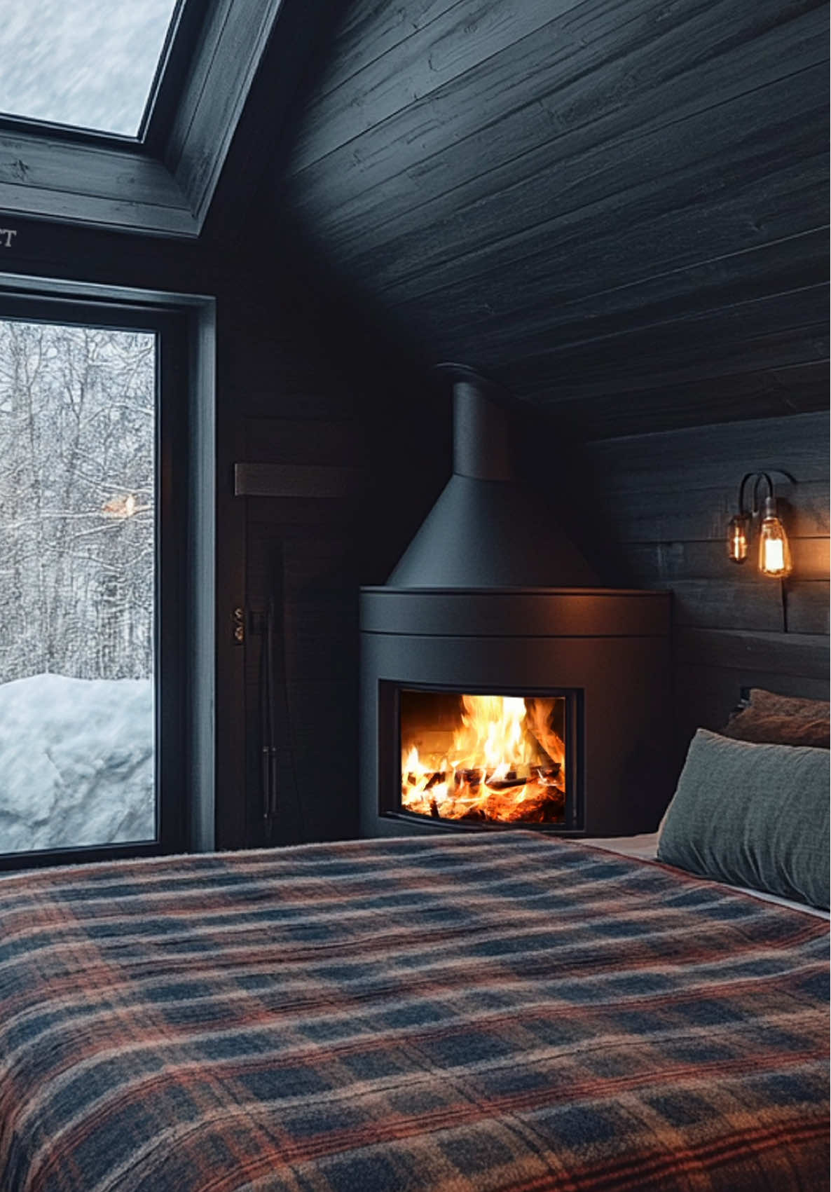 Cozy bedroom with fireplace, large windows, and snowy forest view.