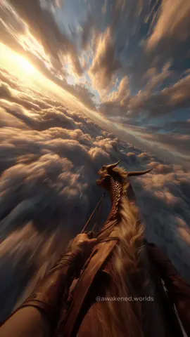 Dragon rider flies through a beautiful sea of clouds.  #fantasy #pov #dragon #magic #medievaltiktok 