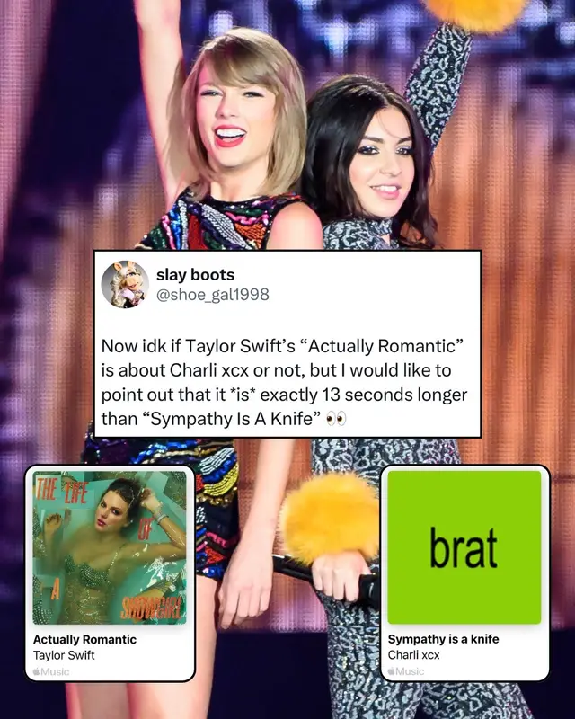 ICYMI, fans have been speculating that #TaylorSwift’s “Actually Romantic” is a #CharliXcx diss track, and working it out on the remix doesn’t seem imminent this time…  Photo: Getty Images / Taylor Swift / Charli Xcx 