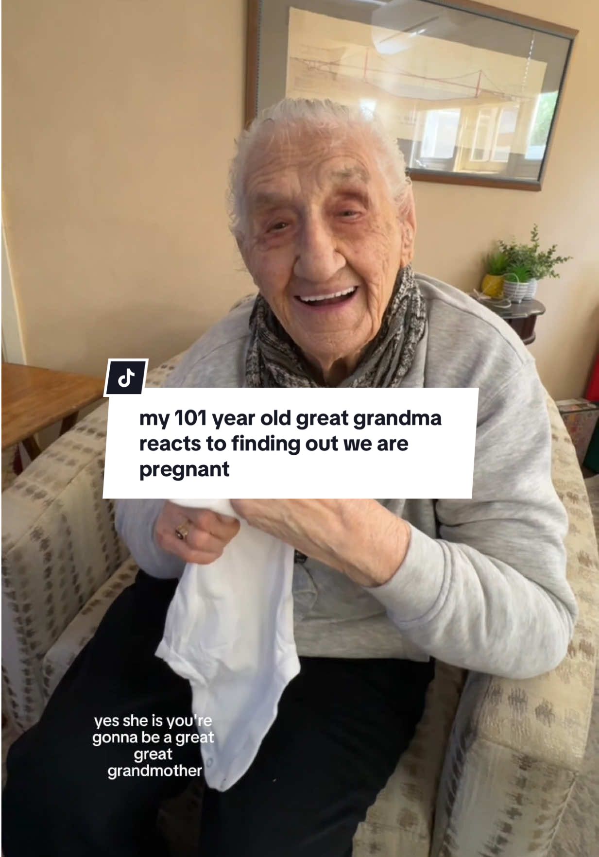 messed up the caption she’s my great and will be my baby’s great great! she’ll be 102 when baby girl is here 🩷 the end is my favorite part haha #pregnant #pregnancyreveal 