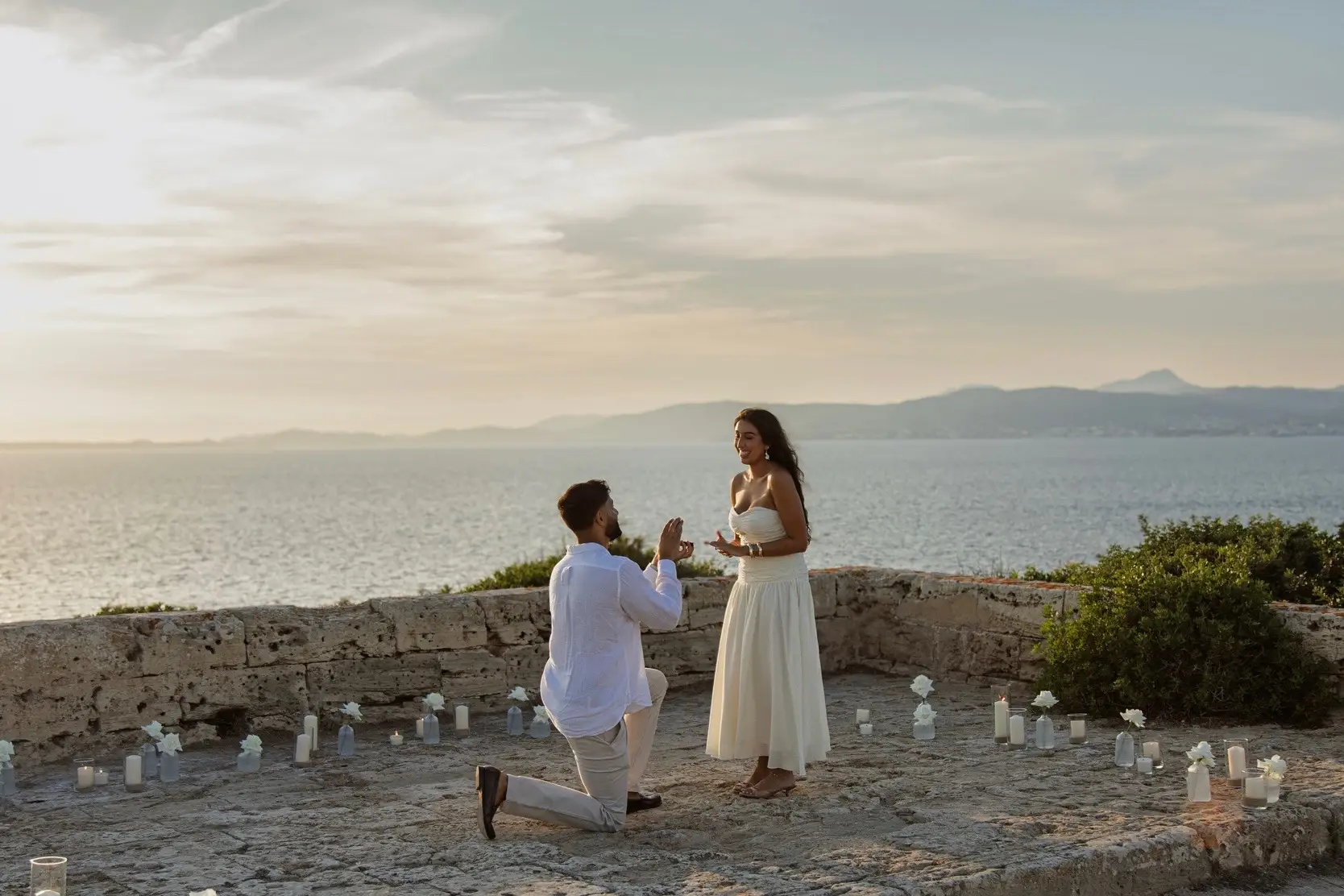 a moment that felt just like this song 🥹 obsessed with this day & these pics at sunset  🕊️🤍💍 #proposal #engagement #engagementphotos #mallorca #punjabicouple 