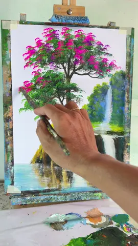 How to paint spring tree pink blossom easy painting reflection #ArtForBeginners #CanvasArt #AcrylicPainting #PaintingForBeginners #drawtree 
