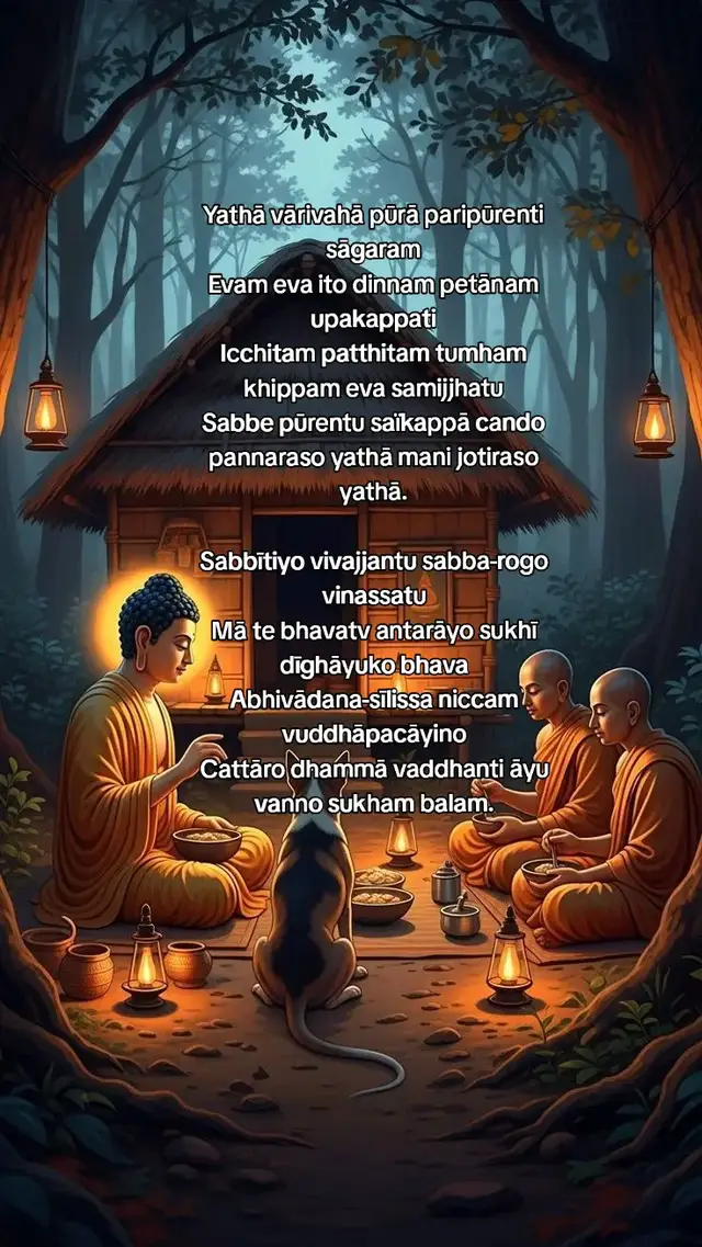 Yathā vārivahā pūrā paripūrenti sāgaram Evam eva ito dinnam petānam upakappati Icchitam patthitam tumham khippam eva samijjhatu Sabbe pūrentu saïkappā cando pannaraso yathā mani jotiraso yathā. Sabbītiyo vivajjantu sabba-rogo vinassatu Mā te bhavatv antarāyo sukhī dīghāyuko bhava Abhivādana-sīlissa niccam vuddhāpacāyino Cattāro dhammā vaddhanti āyu vanno sukham balam. #fyp #buddha #anumodana #paritta #bacaparitta 