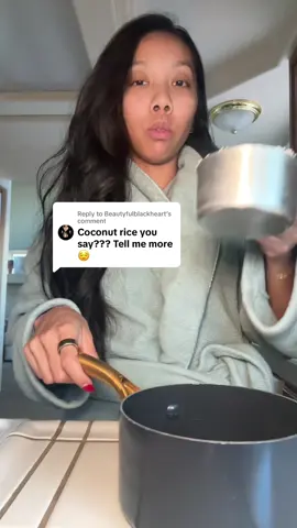 Replying to @Beautyfulblackheart  I have been obsessed with coconut rice lately and this is the recipe: 1 1/4 cup organic jasmine rice  1 can coconut milk Pinch of salt Add your ingredients in a pot.  Turn on medium heat and let boil. Once coconut milk is boiling turn down to low heat and cover for 20 minutes 🤍