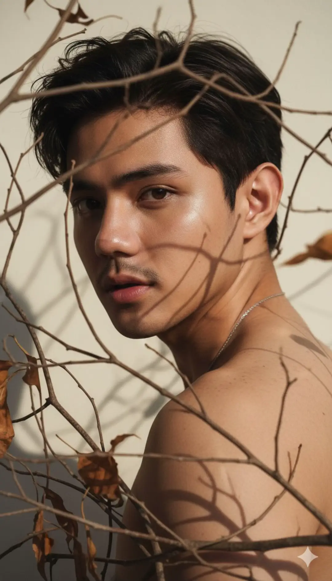 Ciptakan foto hiperrealistis. Potret close-up seorang [pria referensi pada foto] dengan rambut hitam berantakan. Ia menghadap kamera, tetapi kepalanya sedikit menoleh ke belakang, memperlihatkan bahu dan punggungnya yang telanjang. Fitur wajahnya tajam dan tegas, dengan mata cokelat yang menatap langsung ke kamera. Bibirnya sedikit terbuka, dan kulitnya tampak halus dan bercahaya. Ada beberapa bintik halus di bahunya. Pencahayaan dalam foto ini sangat dramatis. Cahaya alami atau buatan menyoroti sisi kanan wajah dan bahunya, menciptakan kontras yang tajam dengan sisi kiri yang lebih gelap. Pola bayangan daun dan ranting terlihat di wajah, leher, bahu, dan latar belakang. Seluruh foto dipenuhi ranting dan daun kering yang membingkai subjek. Ranting-ranting ini menyilang di depan wajah dan bahu pria tersebut, menambah kesan alami dan artistik. Latar belakangnya polos dan berwarna terang, kemungkinan dinding krem ​​atau putih, yang menjaga fokus sepenuhnya pada subjek. Foto ini memiliki nuansa alam, mitologi, atau fantasi yang kuat, seolah-olah subjeknya adalah roh hutan atau makhluk dari dongeng. Keseluruhan gambar tampak seperti karya seni fotografi yang dibuat dengan cermat, menekankan estetika dan komposisi. #ai #geminiai #gemini #fypシ 