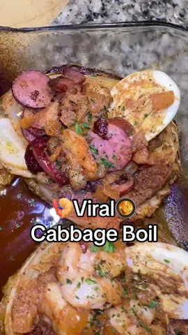 The viral cabbage boil is  🔥🔥🔥. I halved my cabbages, pulled the middle out then seasoned, covered in foil, and  baked the cabbage on 400 for 90 mins. I cooked my shrimp, sausage and eggs then added it back and  asked for 20-30 more mins.