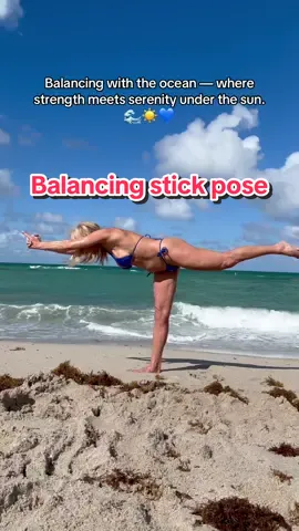 Holding my balancing stick pose in my blue bikini, perfectly aligned with the ocean and soaking in the sun’s energy. Nothing feels more grounding than balance by the sea. 🌊✨ #BeachYoga #BalancingStickPose #YogaInspiration #OceanEnergy #SunnyVibes 
