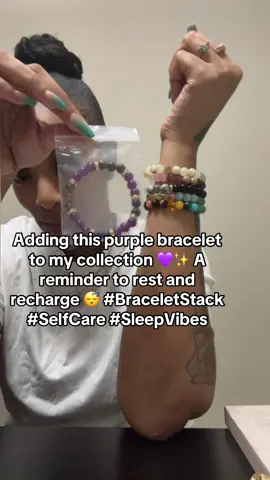 Adding this purple bracelet to my collection 💜✨ It stands for sleep, a little reminder to rest, recharge, and take care of myself 😴 Each bracelet has its own meaning, and I love how they tell my story 💫 #BraceletStack #SleepVibes #SelfCare #MeaningfulJewelry